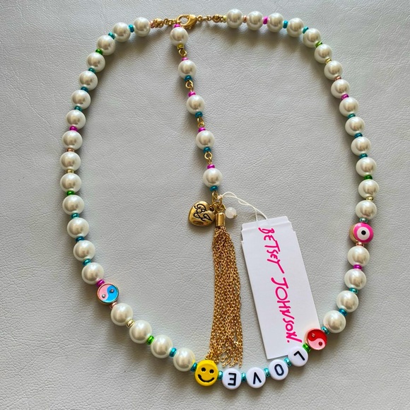 Betsey Johnson LOVE Pearl Rainbow Gold Tone Tassel Extender Collar Necklace NWT - Picture 5 of 14